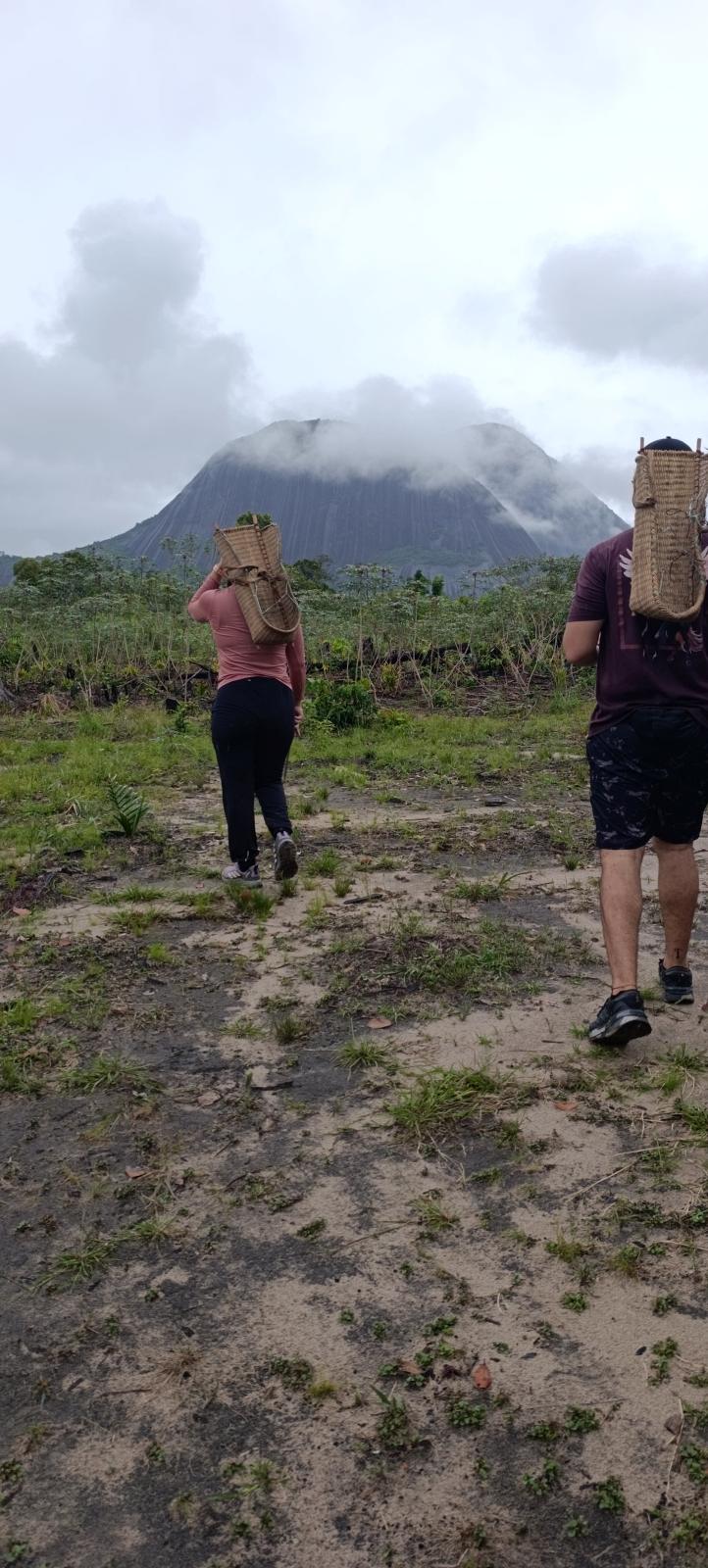 Viajeros caminando hacia el cerro con catumares tejidos a la espalda